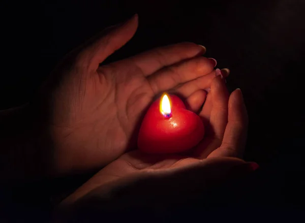 Women Hand Holding Burning Red Candle Dark Light Valentine Day — Stock Photo, Image