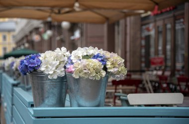 Kova yapay çiçekler kafede yaz açık veranda süslüyor