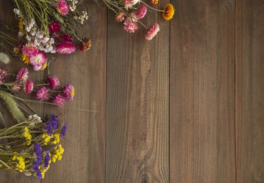 Ahşap bir arka planda kurumuş çiçek çerçevesi. Metin için boşluk, genel giderler, düz yatış.