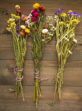 Ahşap arka planda üç parlak renkli kurutulmuş çiçek buketi..