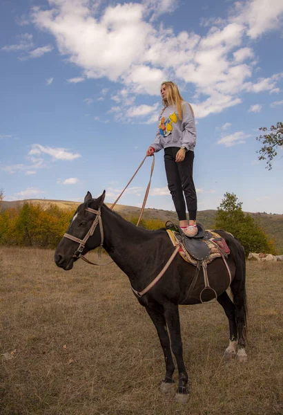 A girl stands on the back of a horse against a background of a cloudy sky. — Stock Photo, Image
