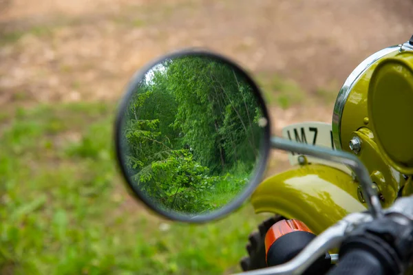 Yeşil orman yuvarlak bir motosiklet aynasına yansıyor..