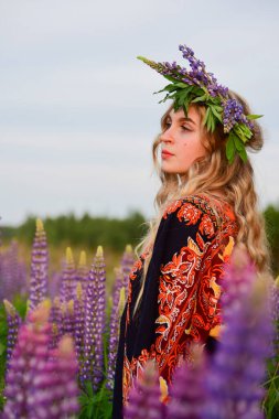 Kafasında çelenk olan ve etnik bir elbise giyen çekici sarışın bir kız lup tarlalarında poz veriyor. Yaz manzarası.