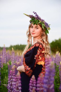 Kafasında çelenk olan ve etnik bir elbise giyen çekici sarışın bir kız lup tarlalarında poz veriyor. Yaz manzarası.