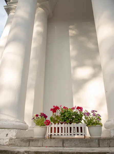 具有明亮花朵的白色罐子 如一座古建筑的装饰 — 图库照片