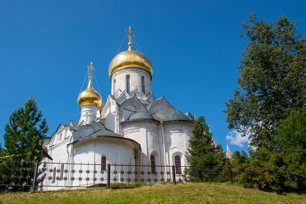 Parlak mavi gökyüzüne karşı tepesinde altın kubbeler olan beyaz zarif kilise..