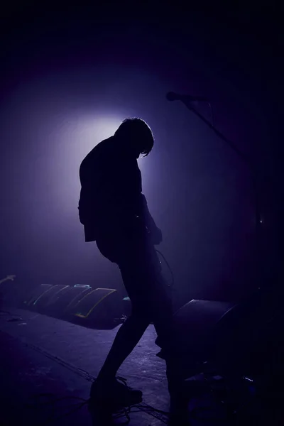 Uma Silhueta Ligeiramente Turva Jovem Tocando Guitarra Uma Névoa Luz — Fotografia de Stock