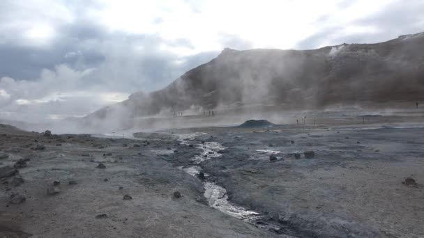 Islandia. Campo geotérmico con fumarolas y géiseres. Área con respiraderos de vapor natural y piscinas de lodo en todo el lago Myvatn, el — Vídeo de stock