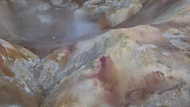 Islande. Champ géothermique avec fumerolles et geysers. Zone avec des évents de vapeur naturels et des piscines de boue tout autour du lac Myvatn, le — Video