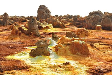 Etiopya. Dallol Gölü, Etiyopya. Dallol Volkanı Krateri 'ndeki Dallol Gölü' nün renkli manzarası. Dallol Gölü ve sülfür.