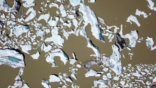 Island. Globální oteplování. shora dolů letecký pohled na ledovce plovoucí v laguně. — Stock video