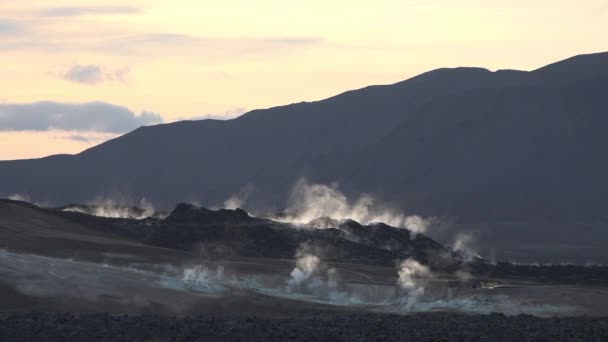 Iceland. Smoking fumaroles Active sulfur vents Hverir geothermal area Volcanic landscape. — Stock Video