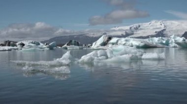 Svalard. Norveç. Svalbard 'daki Arktik Okyanusu' nun sularındaki dağın arka planında buzlar yüzüyor. İskandinav Çorak Toprakları 'nda vahşi yaşam. Eşsiz