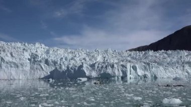 Grönland. Buzlu keklerin arasında, fiyortta denize ulaşan bir buzulun yanında, karla kaplı dağlarda gezinme.