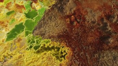 Etiyopya. Dallol volkanik kraterinin soyut desenleri üzerinde uçmak, gerçeküstü doğal manzara..