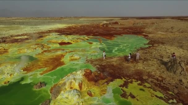 Ethiopië. Het Dallol meer. Het kleurrijke landschap van Dallol meer in Krater van Dallol Vulkaan. Dallolmeer met zwavelbronnen — Stockvideo