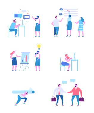 İş insanlar karakter kümesi. Ekip çalışması. Birlikte şirkette çalışıyor. Beyin fırtınası, yeni fikirler çözümler için arama. Düz vektör çizim üzerinde beyaz izole.