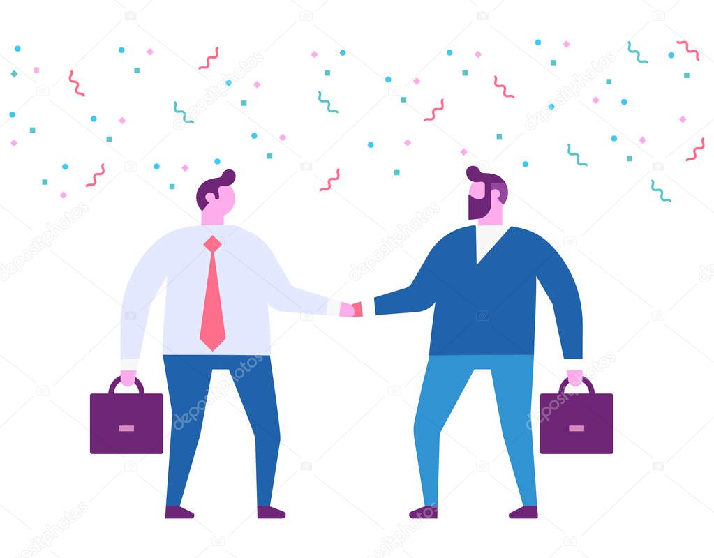 Two business men shaking hands to seal a deal . Partnership. Flat vector iilustration.