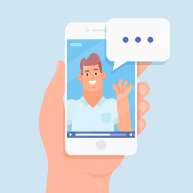 Online görüntülü Smartphone sohbet. Düz çizgi film vektör çizim.