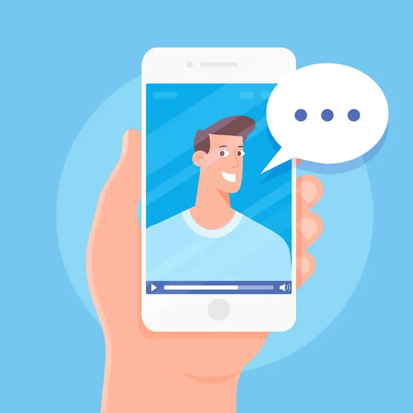 Online Video Chatten Smartphone Platte Cartoon Vectorillustratie — Stockvector