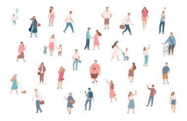 Farklı insanlar büyük set vektör. Erkek ve kadın düz çizgi film karakterleri. Yürüyen insanlar, beyaz arka plan üzerinde izole kalabalık.