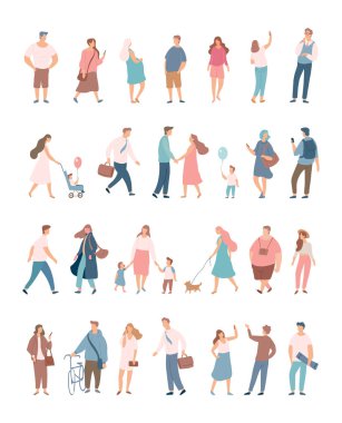 Farklı insanlar büyük set vektör. Erkek ve kadın düz çizgi film karakterleri. Yürüyen insanlar, beyaz arka plan üzerinde izole kalabalık.
