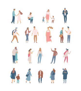 Kalabalık. Farklı insanlar kümesi vektör. Beyaz arka plan üzerinde izole erkek ve kadın düz karakterler.