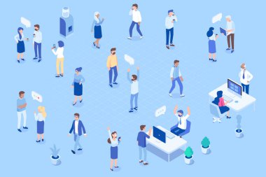 İzometrik insanlar kümesi vektör. Büro hayatı. İzometrik office çalışma alanıyla birlikte çalışan kişiler. Düz illüstrasyon. 