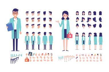 Ön, yan, arka profili animasyon karakter. Kadın ve erkek doktor Oluşturucu çeşitli sayısı, saç modelleri, hareketleri ile. Karikatür tarzı, düz vektör çizim.