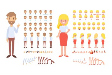 Ön, yan, geri, 3/4 profili animasyon karakter. Erkek ve kadın çeşitli görünümler, saç modelleri ve hareketleri ile grubu oluşturma. Karikatür tarzı, düz vektör çizim.