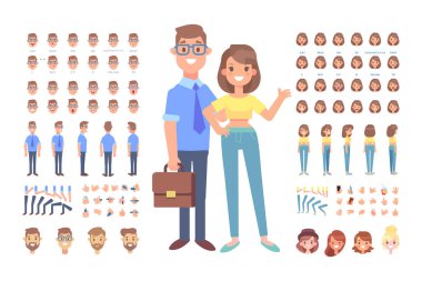 Ön, yan, geri, 3/4 profili animasyon karakter. Erkek ve kadın çeşitli görünümler, saç modelleri ve hareketleri ile grubu oluşturma. Karikatür tarzı, düz vektör çizim.
