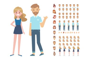 Ön, yan, geri, 3/4 profili animasyon karakter. Erkek ve kadın çeşitli görünümler, saç modelleri ve hareketleri ile grubu oluşturma. Karikatür tarzı, düz vektör çizim.