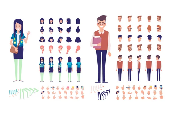 Передній Боковий Задній Перегляд Анімованих Персонажів Хлопчик Дівчинка Студенти Створення — стоковий вектор