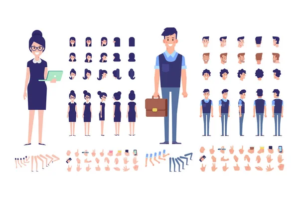 Ön, yan, geri, 3/4 profili animasyon karakter. Office yöneticileri Oluşturucu. İş insanlar çeşitli görünümler, saç modelleri ve hareketleri ile grubu oluşturma. Karikatür tarzı, düz vektör çizim.