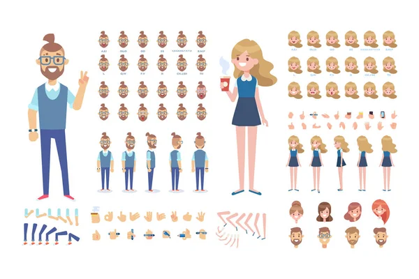 Fronte Lato Retro Visualizzare Personaggi Animati Creazione Giovani Set Con — Vettoriale Stock