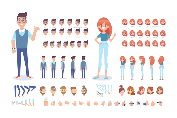 Avant Côté Arrière Vue Personnages Animés Ensemble Création Jeunes Avec — Image vectorielle