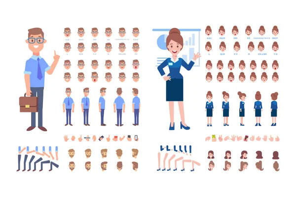 Ön, yan, geri, 3/4 profili animasyon karakter. Çeşitli görünümler, saç modelleri ve hareketleri ile grubu iş erkek ve kadın oluşturma. Karikatür tarzı, düz vektör çizim.