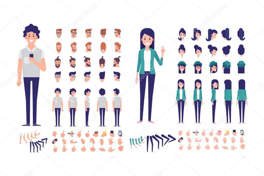 Front, side, back, 3/4 view animated characters. Young people creation set with various views, hairstyles and gestures. Cartoon style, flat vector illustration.