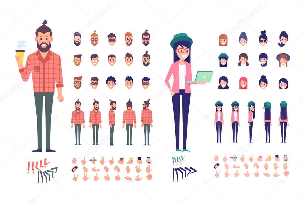 Front, side, back, 3/4 view animated characters. Young people creation set with various views, hairstyles and gestures. Cartoon style, flat vector illustration.
