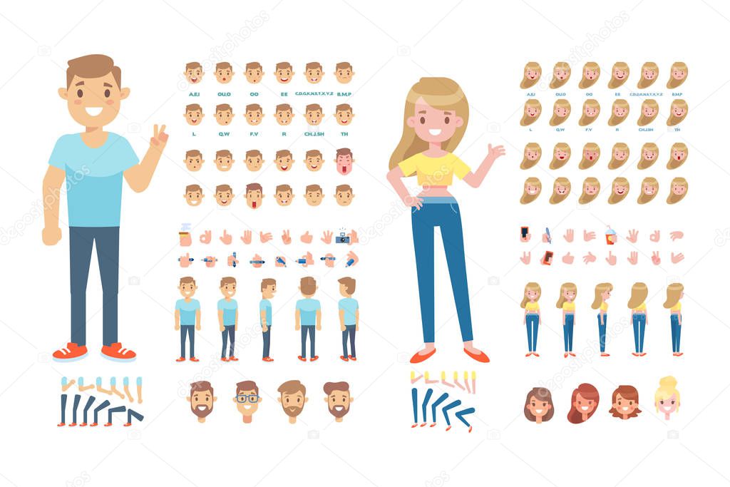Front, side, back, 3/4 view animated characters. Man and woman creation set with various views, hairstyles and gestures. Cartoon style, flat vector illustration.