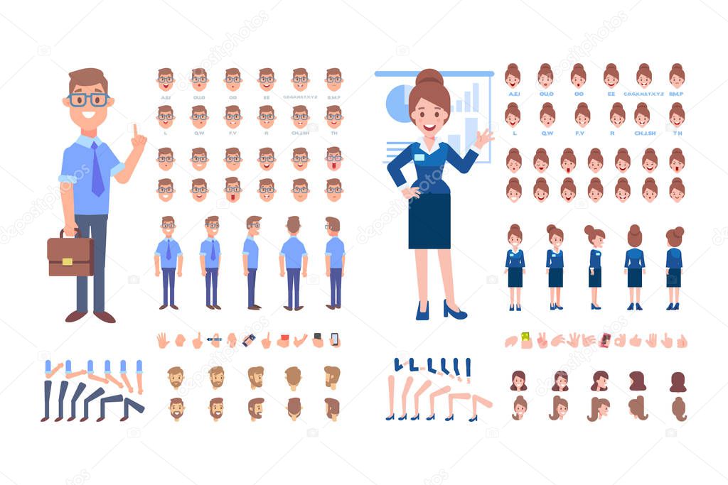 Front, side, back, 3/4 view animated characters. Business Man and woman creation set with various views, hairstyles and gestures. Cartoon style, flat vector illustration.
