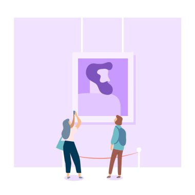 Art gallery. People looking at paintings at exhibition. Flat style vector illustration.  clipart