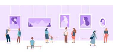 Sanat Galerisi. Sergi resimlere bakarak insanlar. Düz stil vektör çizim. 