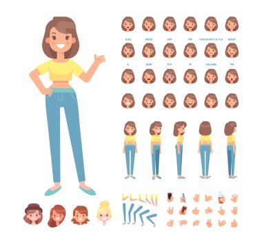 Ön, yan, geri, 3/4 görünüm animasyon karakter. Genç kız karakter Oluşturucu çeşitli görünümler, yüz duygular, dudak senkronizasyon, pozlar ve hareketleri ile. Karikatür tarzı, düz vektör çizim.