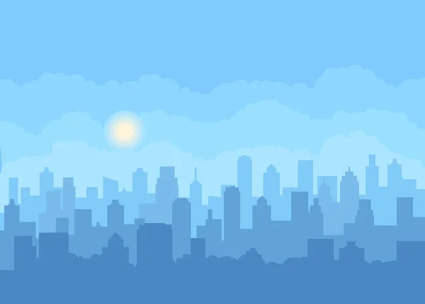 Flaches Stadtbild Mit Blauem Himmel Weißen Wolken Und Sonne Moderne — Stockvektor