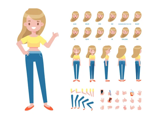 Přední Boční Zadní Pohled Animovaný Charakter Mladá Dívka Charakter Konstruktor — Stockový vektor