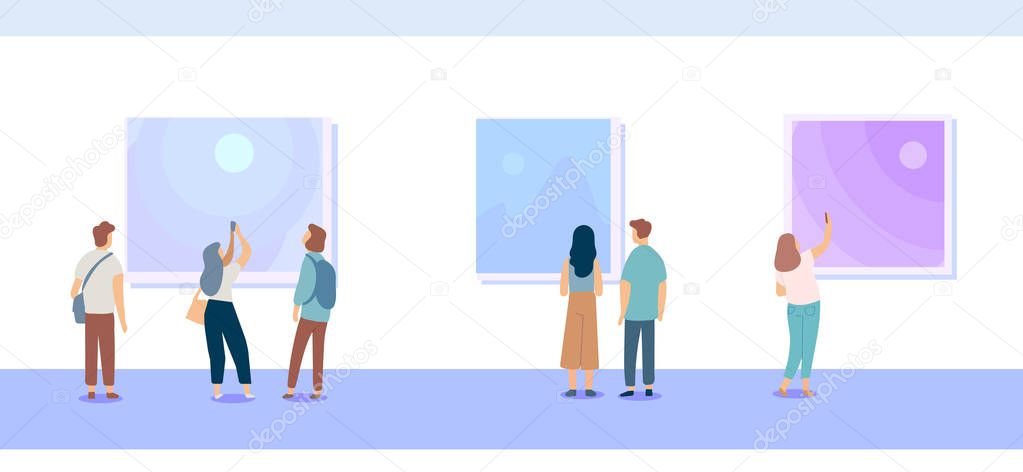 Art gallery. People looking at paintings at exhibition. Flat style vector illustration. 