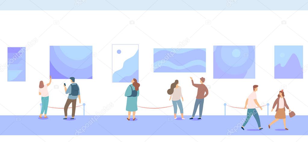 Art gallery. People looking at paintings at exhibition. Flat style vector illustration. 