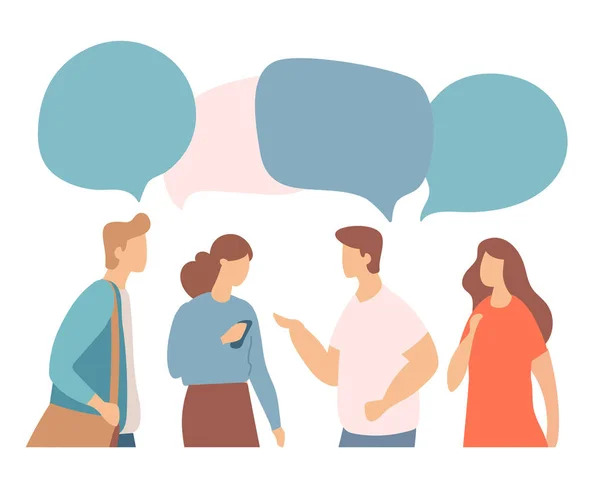 Jongeren Tekens Met Kleurrijke Dialoogvenster Tekstballonnen Bespreken Chatten Gesprek Dialoog — Stockvector