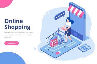 Online alışveriş izometrik vektör kavramı. Alışveriş torbaları izometrik insanlarla. Büyük satış. Mutlu alışveriş. Düz izole illüstrasyon vektör.